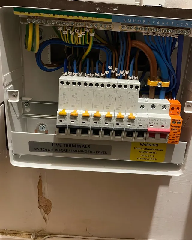 A neatly wired consumer unit, ready for testing